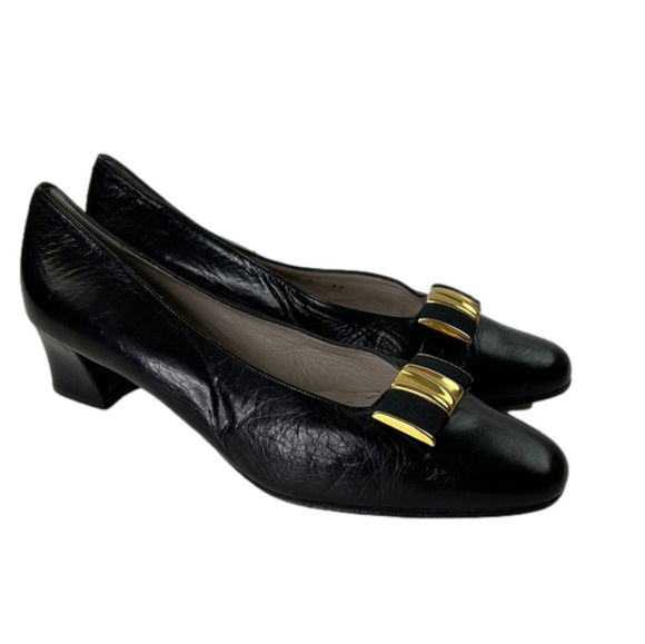 el corte ingles black leather kitten heel shoes with gold bow size 37 - Picture 1 of 11